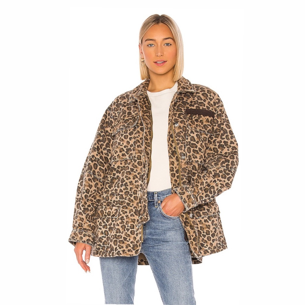 Free People Seize the Day Leopard Denim Utility Jacket Medium